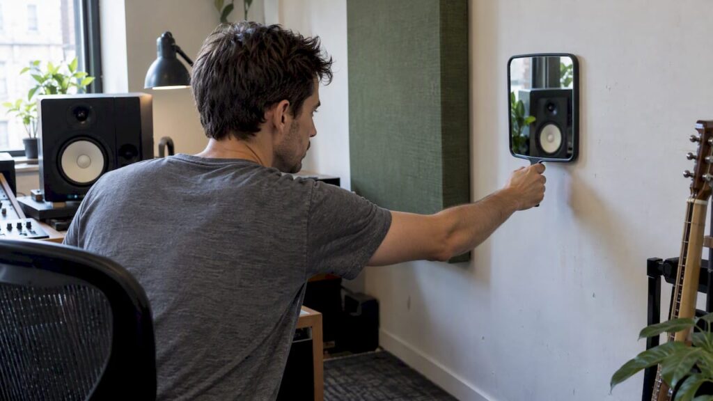 Le propriétaire d'un studio cherche un miroir pour s'y regarder