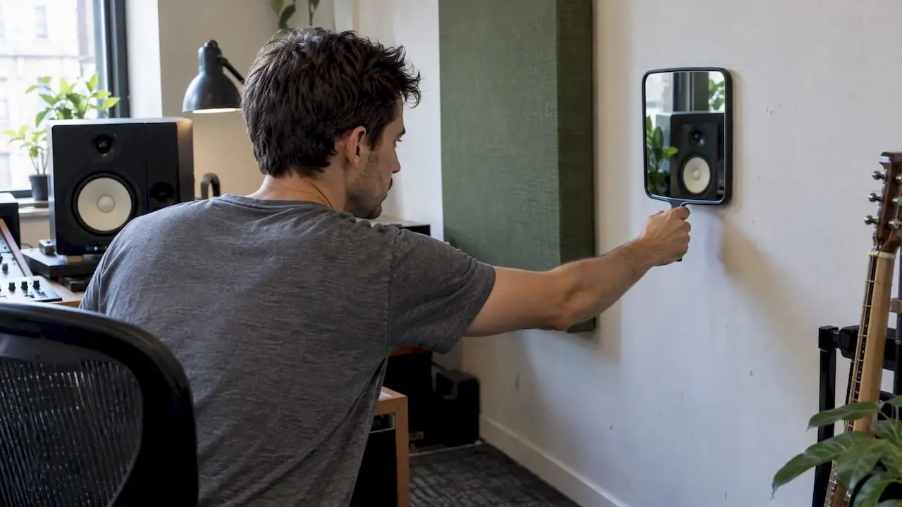 Le propriétaire d'un studio cherche un miroir pour s'y regarder