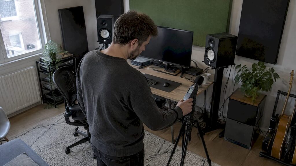 Sonomètre installé au poste d'écoute d'un studio à domicile