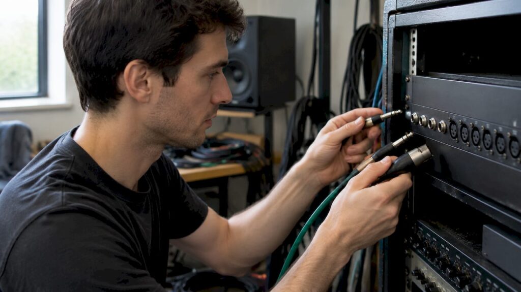 Un technicien compare les connecteurs TRS, TS et XLR