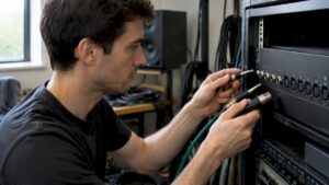 Un technicien compare les connecteurs TRS, TS et XLR