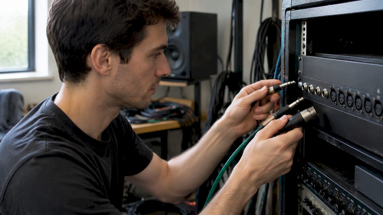 Un technicien compare les connecteurs TRS, TS et XLR