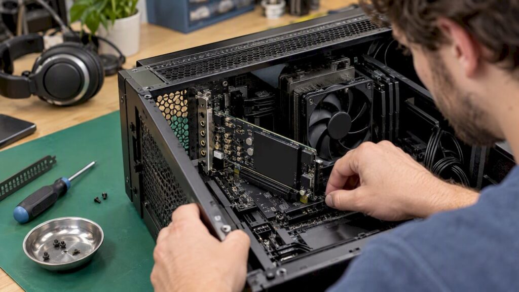 Interface audio PCIe intégrée à un PC de studio