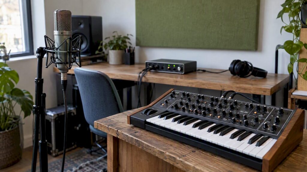 Microphone et synthétiseur connectés à une interface audio