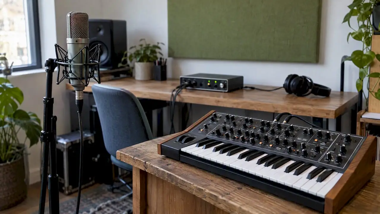 Microphone et synthétiseur connectés à une interface audio